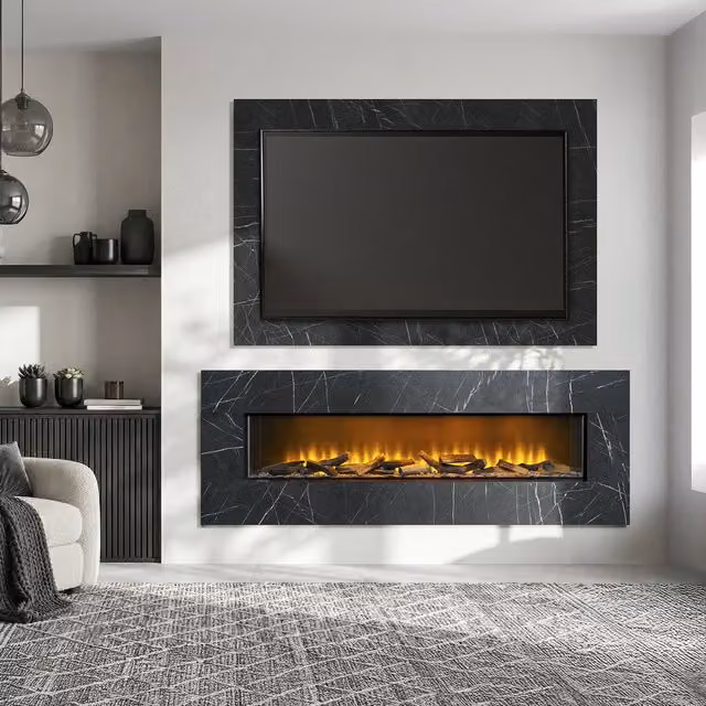 Acantha Pinnacle Fully Inset Media Wall Fire with TV Back Board in Black Marble, Black
