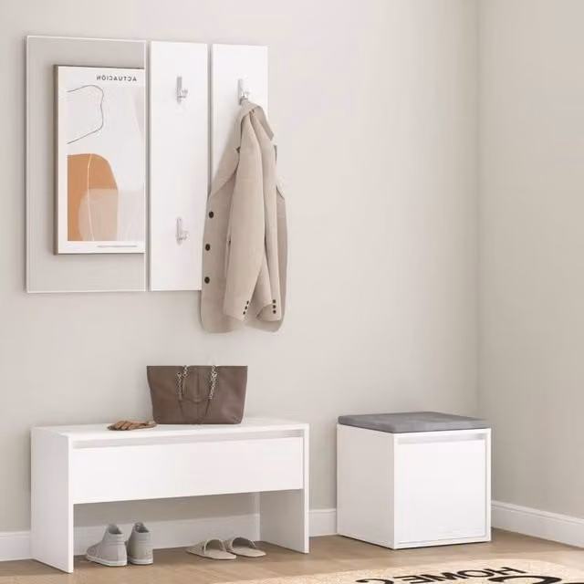 Berkfield Home Modern White Hallway Furniture Set with Bench, Mirror, Wall Rack and Shoe Cabinet in MDF