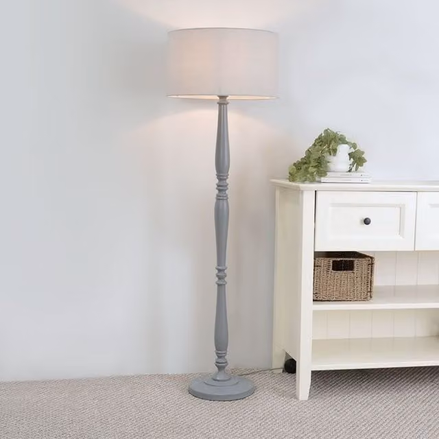 ValueLights Classic Grey Wood Floor Lamp with Fabric Cylinder Shade and LED Bulb