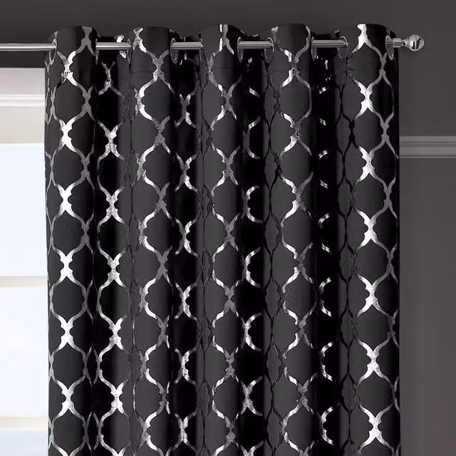 Velosso Arabesque Blackout Velvet Ring-Top Curtains in Black, Width: 168 cm, Drop: 137 cm – 1