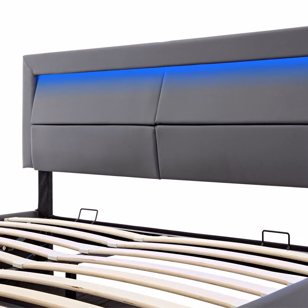 BTM Grey Upholstered Double Bed with USB Charging, LED Lighting and Lift-Up Storage, W/D/H: 140 x 190 x 135 cm – 5