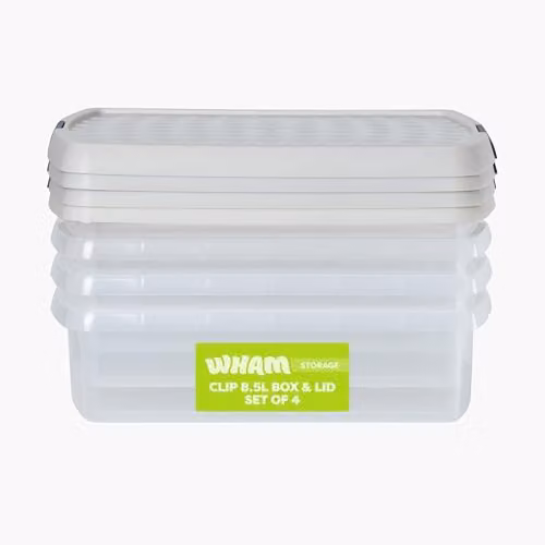 Wham 4 Pack Rectangular Stackable Plastic Storage Boxes with Lids, 8.5L, Transparent/Beige