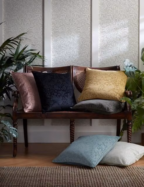 William Morris At Home Strawberry Thief Velvet Cushion in Ochre Yellow