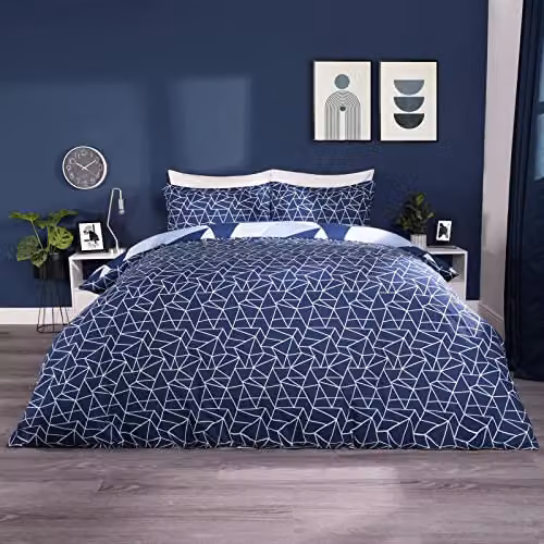 OHS Geometric Shapes Single Duvet Cover and Pillowcase Set in Blue and White, Polycotton Bedding W/D/H: 135 x 200 cm – 5