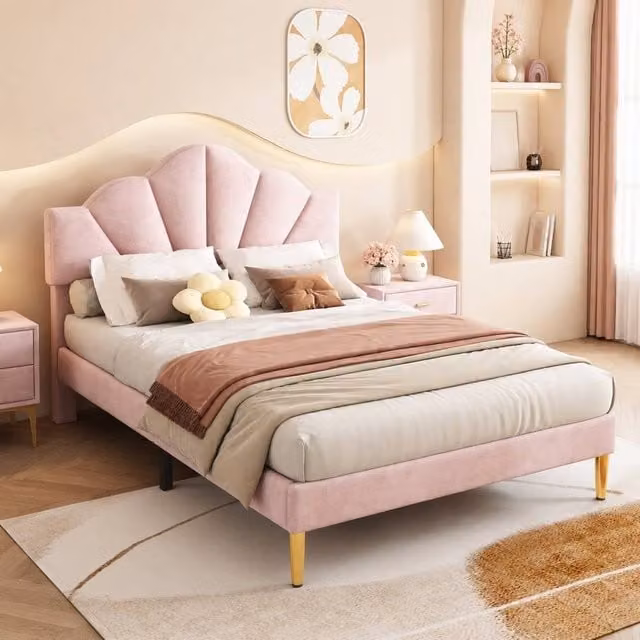 STILVORA Pink Velvet Double Bed with Adjustable Headboard and Gold Details, W/D/H: 140 x 200 cm