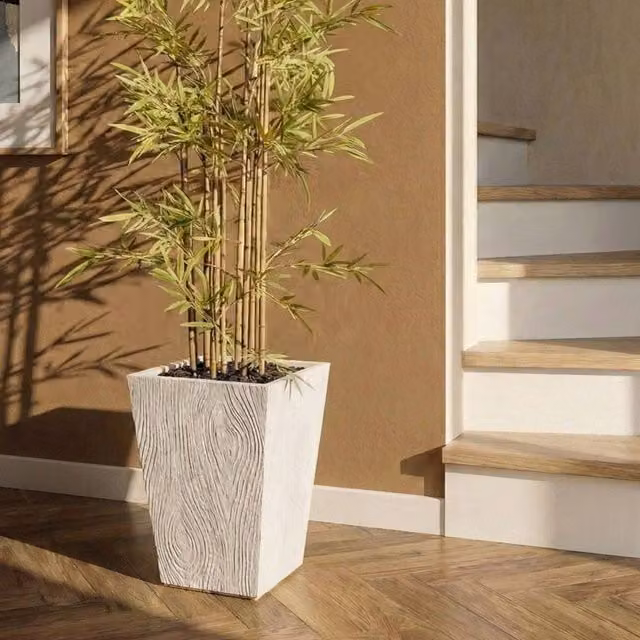 Wyld and Coco Beige Fluted Square Fibre Clay Planter W: 42 cm, D: 42 cm, H: 50 cm