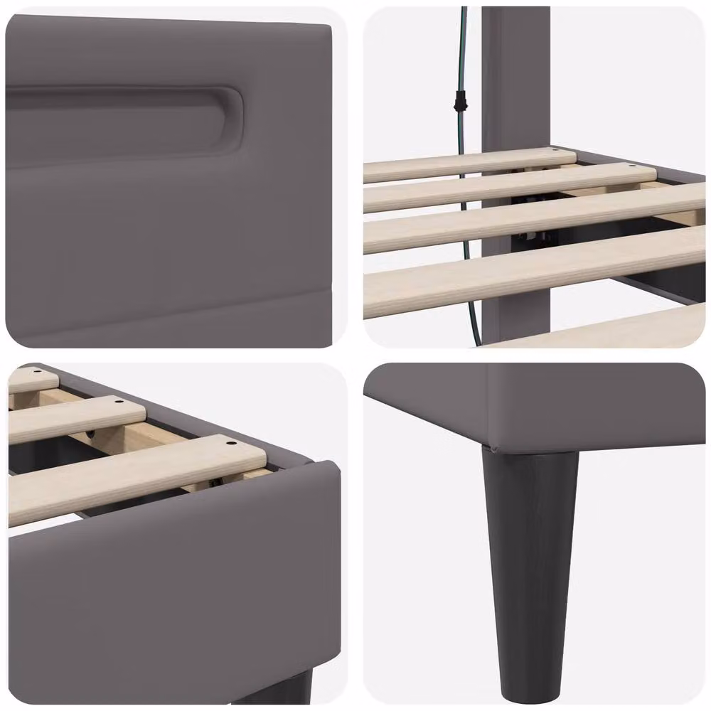 Berkfield Home Grey Faux Leather Bed Frame with LED Strip Lights and USB Charging Port, W/D/H: 90 x 190 cm – 5