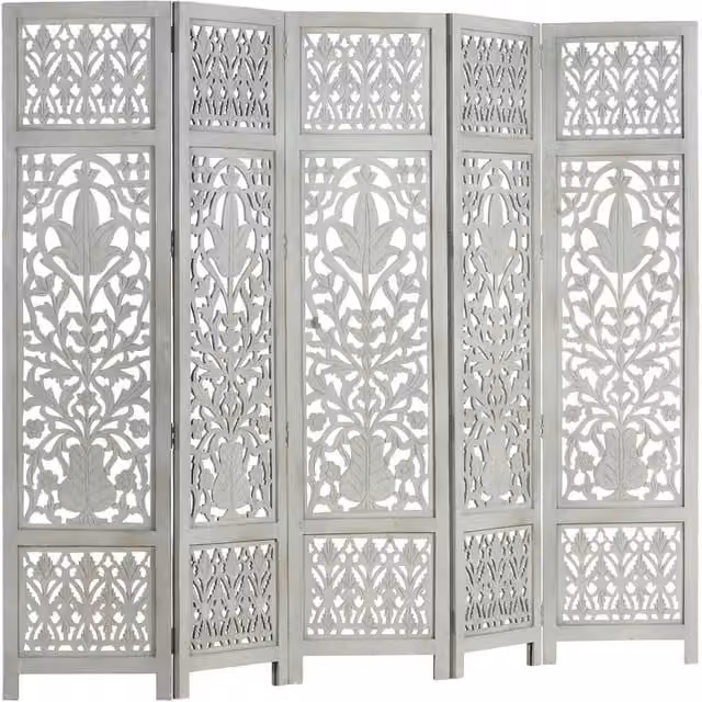 Berkfield Home Hand Carved 5-Panel Floral Room Divider in Grey Solid Mango Wood W/H: 200 x 165 cm – 1