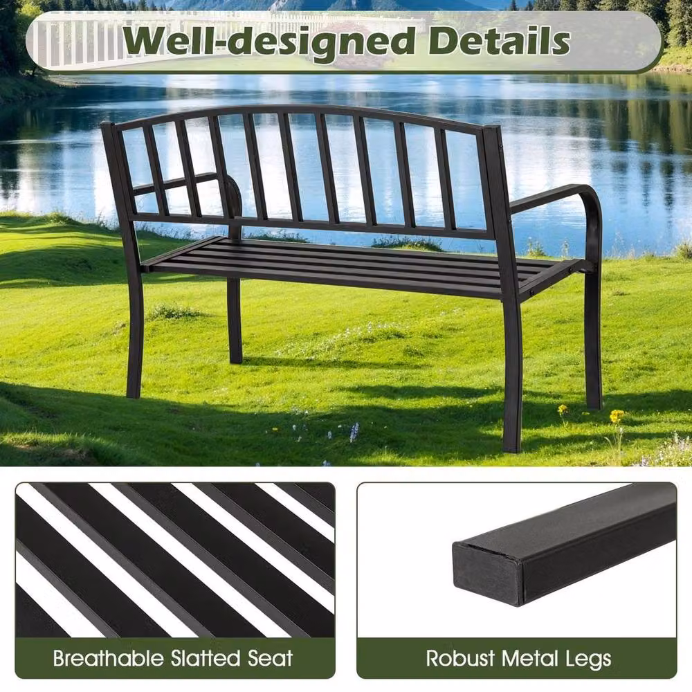 Kelvenix Modern Metal Garden Bench in Matt Black, Width: 127 cm – 3