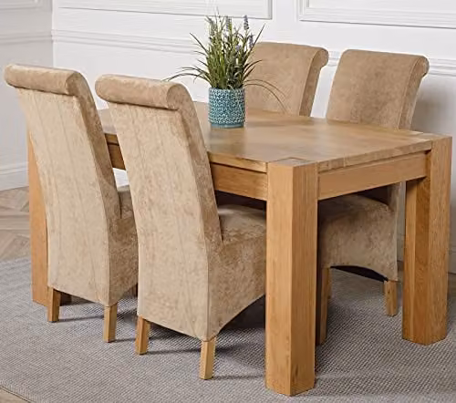 Thats Furniture Kuba Oak Dining Table and 4 Montana Beige Fabric Chairs Set, W: 150 cm, D: 85 cm, H: 78 cm