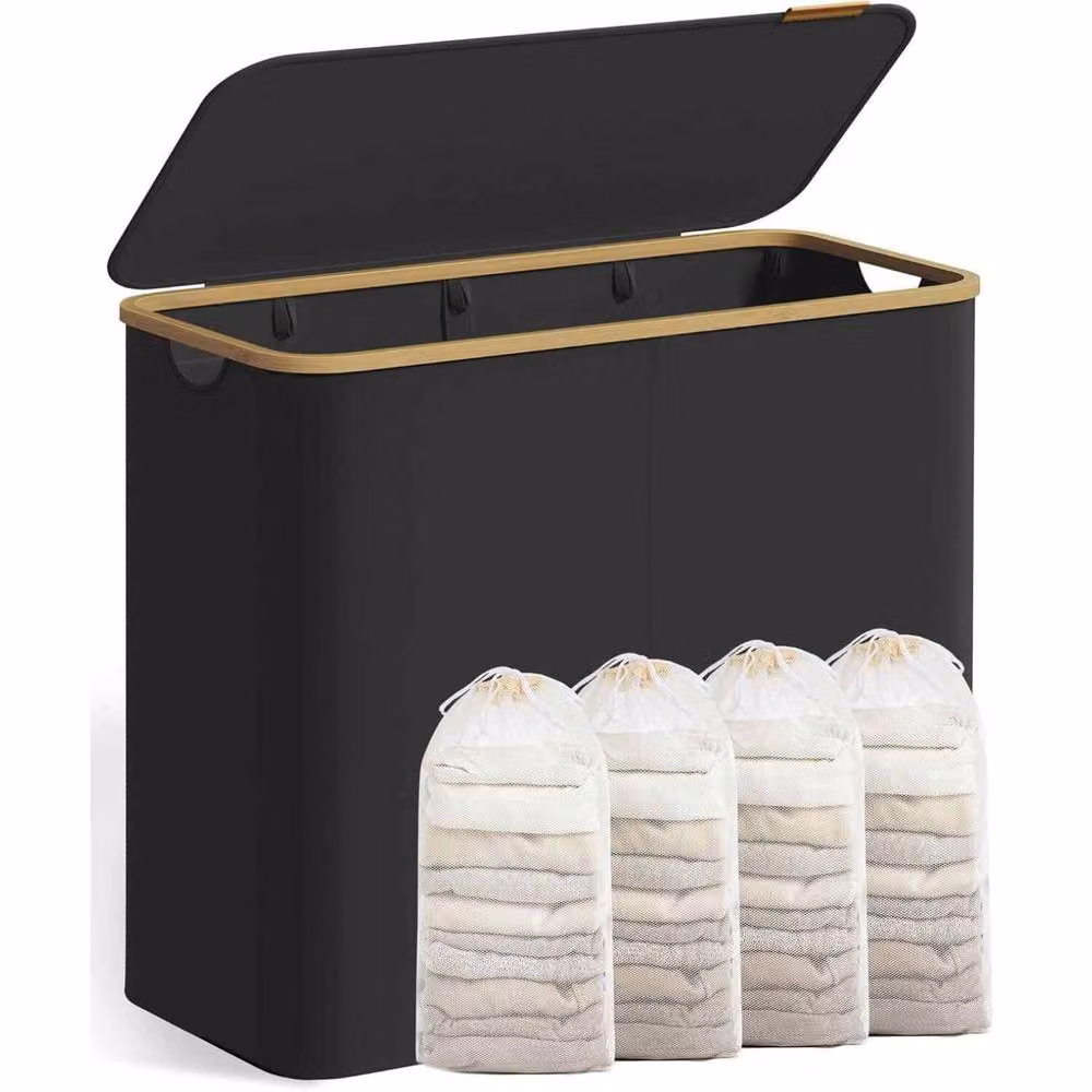 The Bazaarist 4 Compartment Laundry Hamper with Lid and Mesh Liners in Jet Black – 2