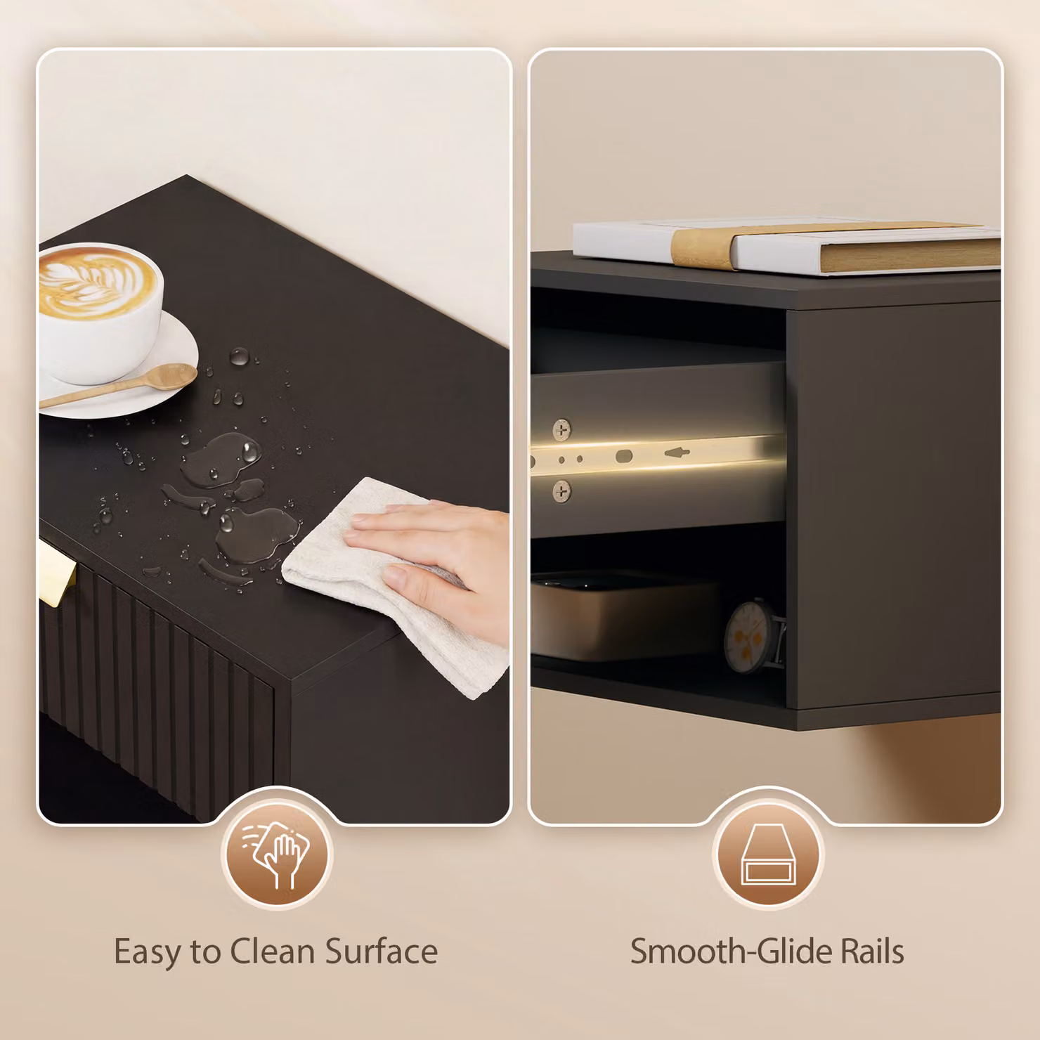 HOMCOM Set of 2 Black and Gold Wall Mounted Nightstands with Fluted Drawer and Open Shelf – 4