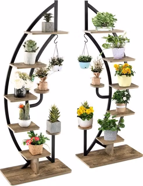 COSTWAY Set of 2 Black 8-Tier Metal Industrial Ladder Plant Stand Racks