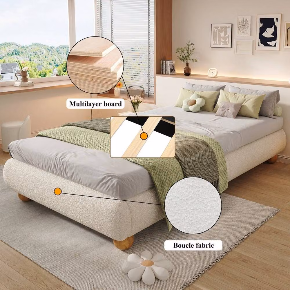 KORVIXA Single Boucle Fabric Upholstered Platform Bed in Beige, W/D/H: 90 x 190 cm – 2