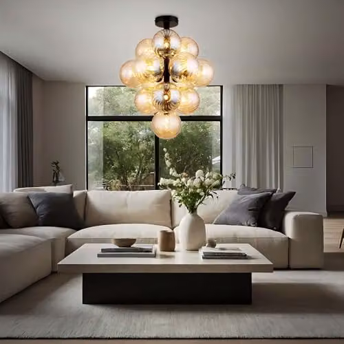 Netlighting Conor Globe Ceiling Light with Amber Glass Spheres and Black Metal Finish, 9x G9 Bulbs, Diameter: 39.5 cm – 4