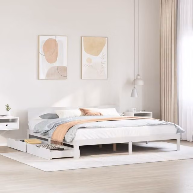 Berkfield Home White Rustic Pine Wood Bed Frame with Drawers W/D/H: 200 x 200 cm