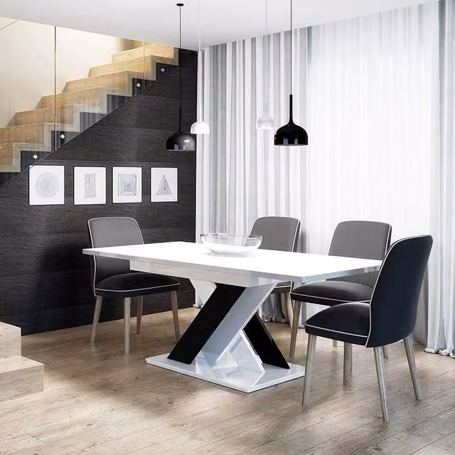 PHD Furniture Modern Extendable Rectangular Dining Table in Black and White Gloss