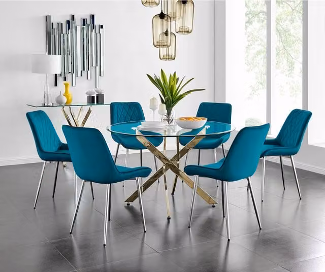 FurnitureboxUK Novara Gold Round Glass Dining Table and Six Pesaro Silver Leg Blue Chairs