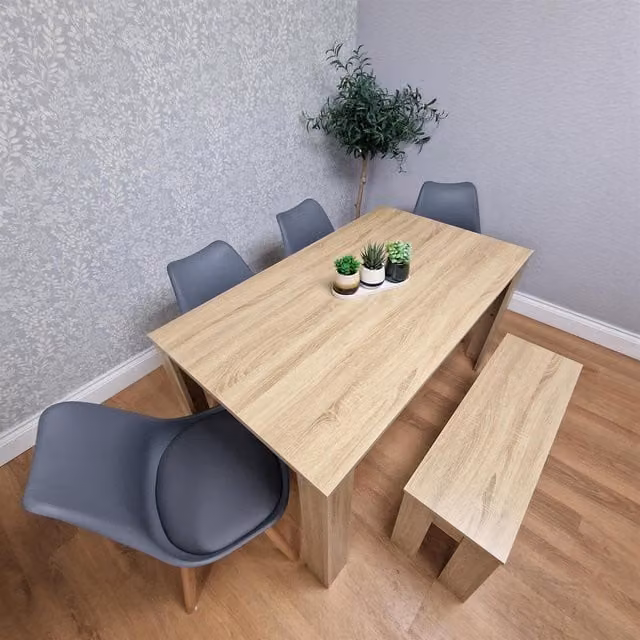 Kosy Koala Oak Effect Dining Table Set with 4 Grey Plastic Chairs and Bench in Brown