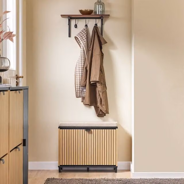 SoBuy Modern Striped Shoe Rack with Upholstered Fabric Seat in Beige and Black