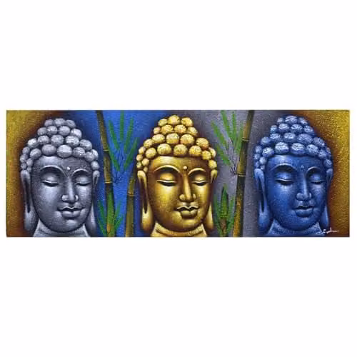 KDMD Three Heads With Bamboo Buddha Painting Reproduction in Multicolour Canvas and Wood