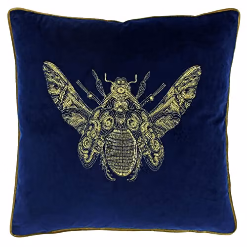 Paoletti Cerana Embroidered Bee Velvet Cushion in Blue and Gold, W/D/H: 50 x 50 x 50 cm