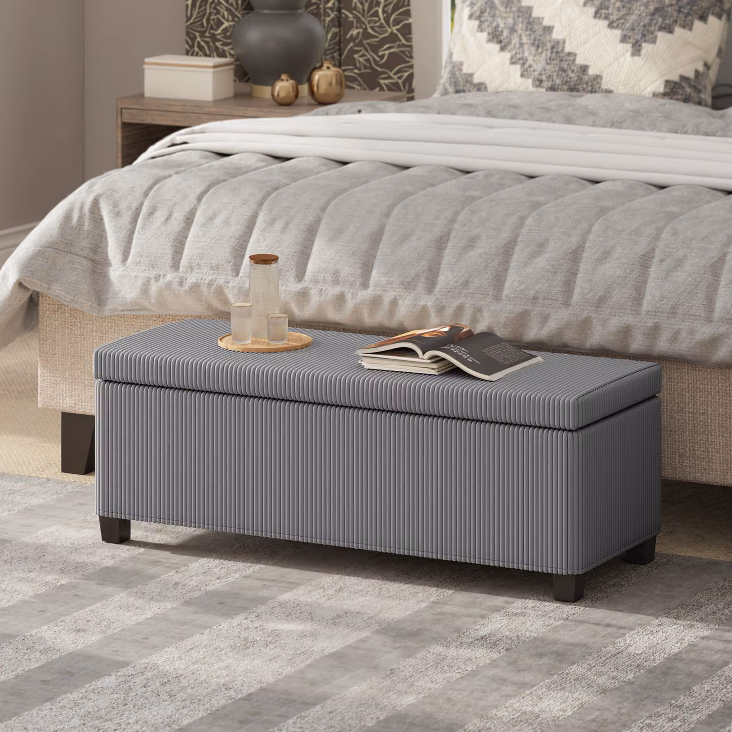 HOMCOM Grey Corduroy Storage Ottoman Bench with Removable Lid and Metal Legs – 2