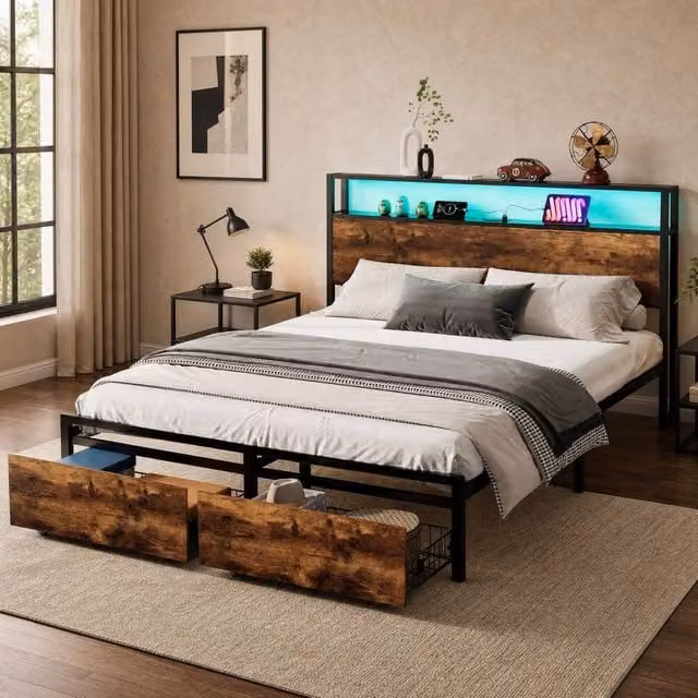 STILVORA Modern Double Bed Frame with Storage Drawers, USB Charging Port and Under-Bed Lighting, Black and Walnut, W/D/H: 140 x 200 cm – 1