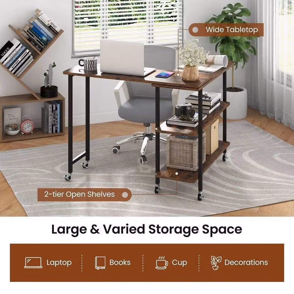 SPETLEK L-shaped Mobile Rotating Corner Computer Desk in Brown – 5