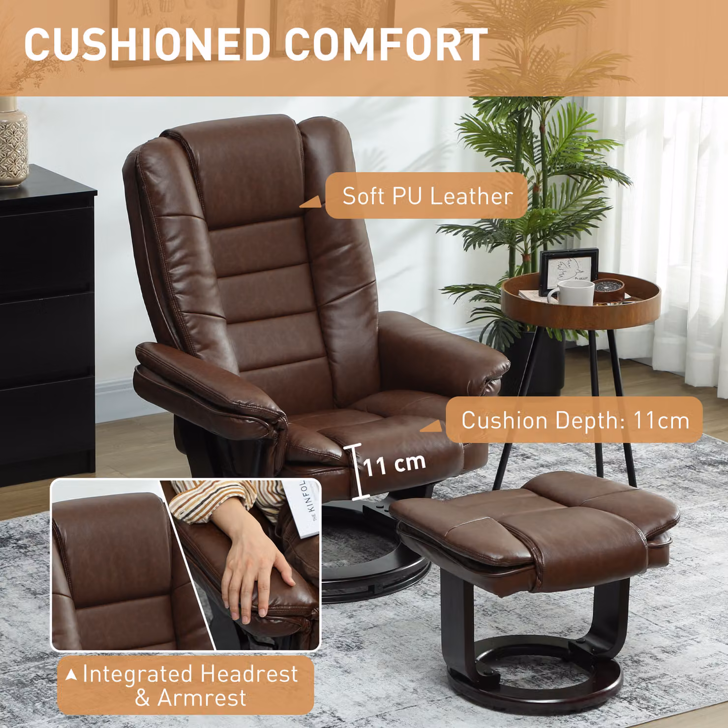 HOMCOM Faux Leather 135 Degree Reclining Chair with Matching Footstool and 360 Degree Swivel, Brown – 5