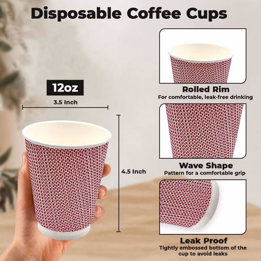 ECONX 12oz Disposable 3PLY Kraft Ripple Paper Coffee Cups in Red, 100 Pieces – 2