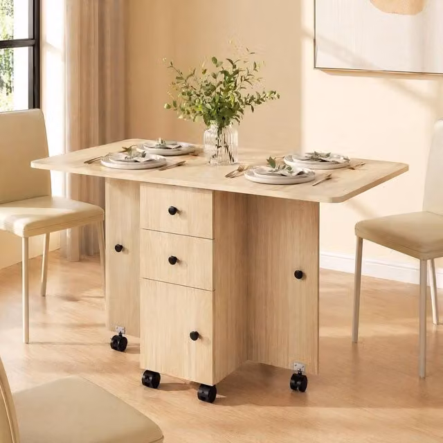STILVORA Modern Rectangular Drop Leaf Dining Table with Storage in Light Oak – 1