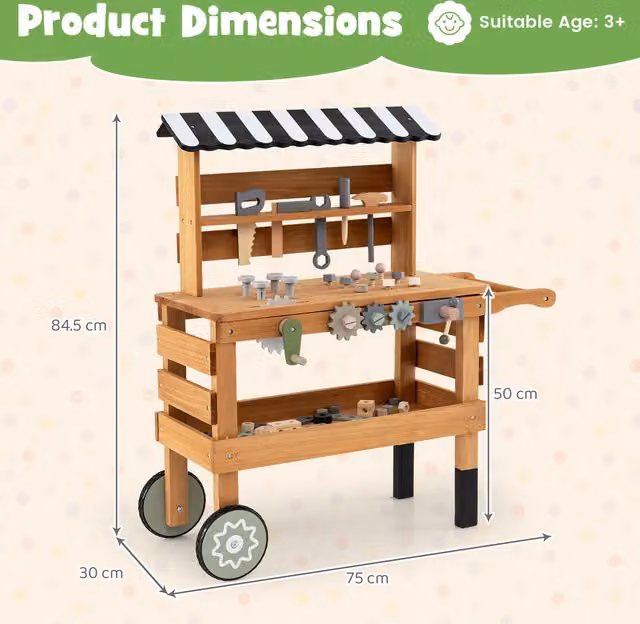 Costway 2-in-1 Outdoor Kids Rolling Tool Bench and Workbench in Brown Wood