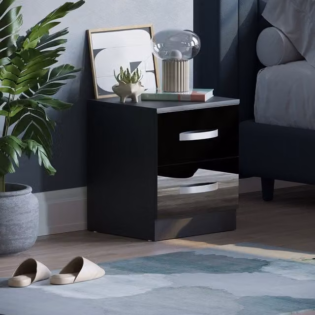 Hulio 2 Drawer High Gloss Black Bedside Table Nightstand