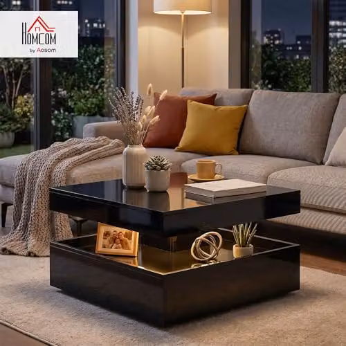 HOMCOM Modern High Gloss Black LED Coffee Table with 2-Tier Storage and Lift Mechanism – 2