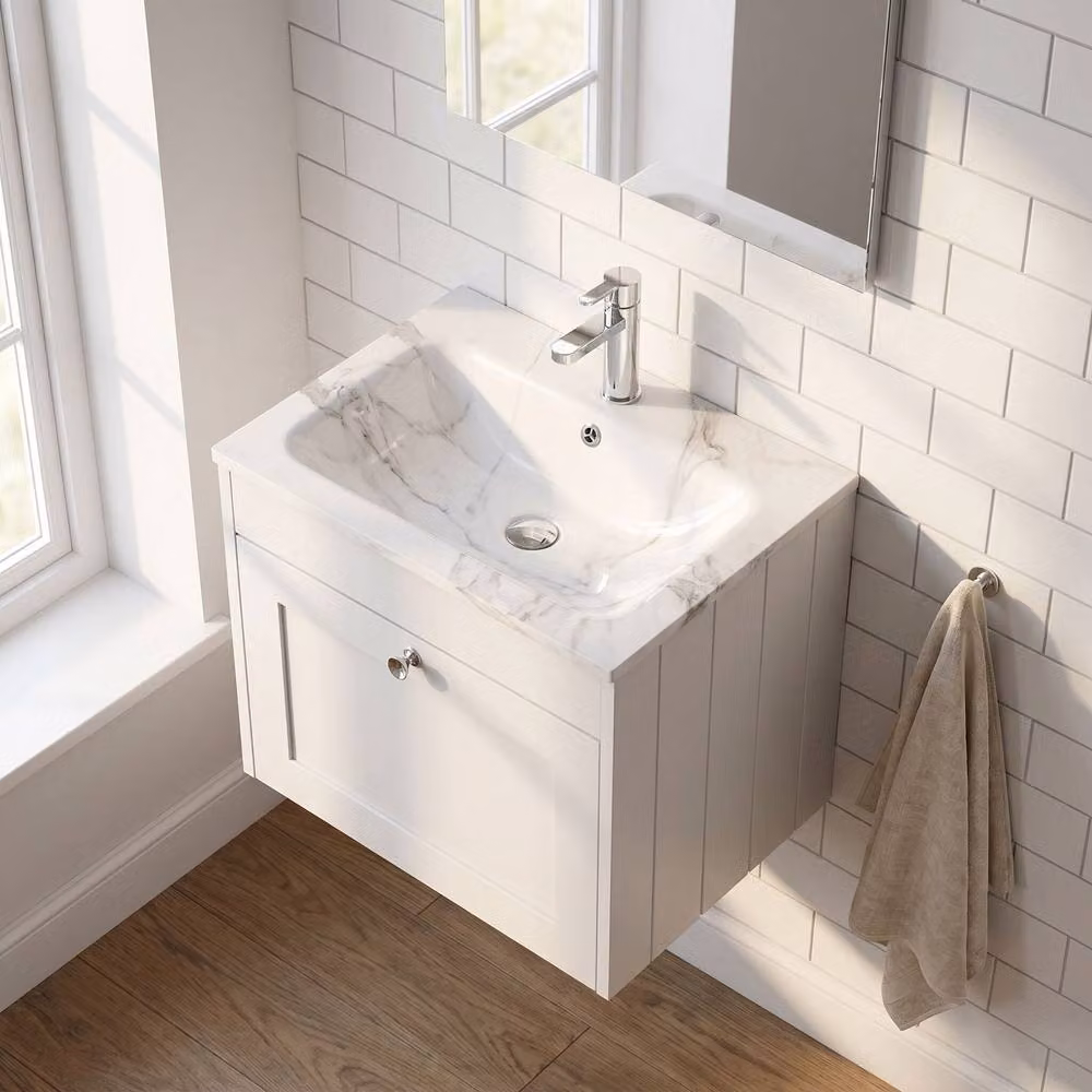 Balterley Modern Wall Mounted Single Drawer Vanity Unit with Stone Basin, White, W: 60 cm, D: 43.1 cm, H: 33.5 cm – 2