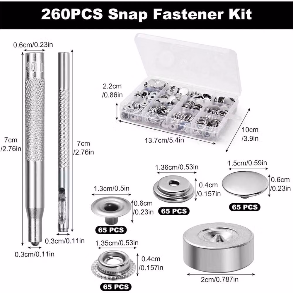 VOGREX 260-Piece Heavy Duty Stainless Steel Snap Fastener Kit with Tool in Silver – 2