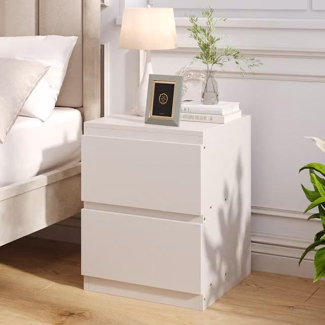 Livingandhome Minimalist 2-Drawer Wooden Nightstand in White