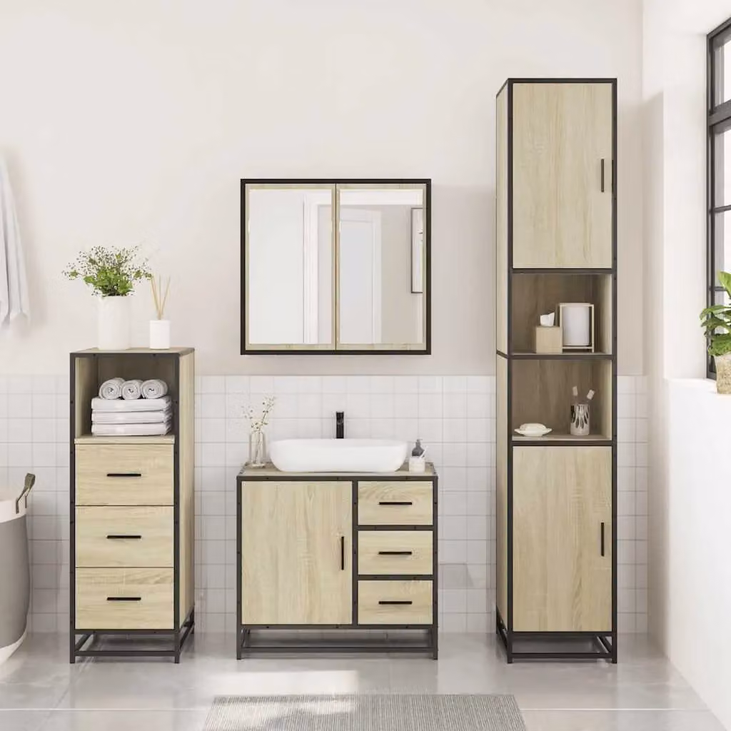 Berkfield Home 3 Piece Industrial Bathroom Furniture Set in Sonoma Oak and Brown – 2