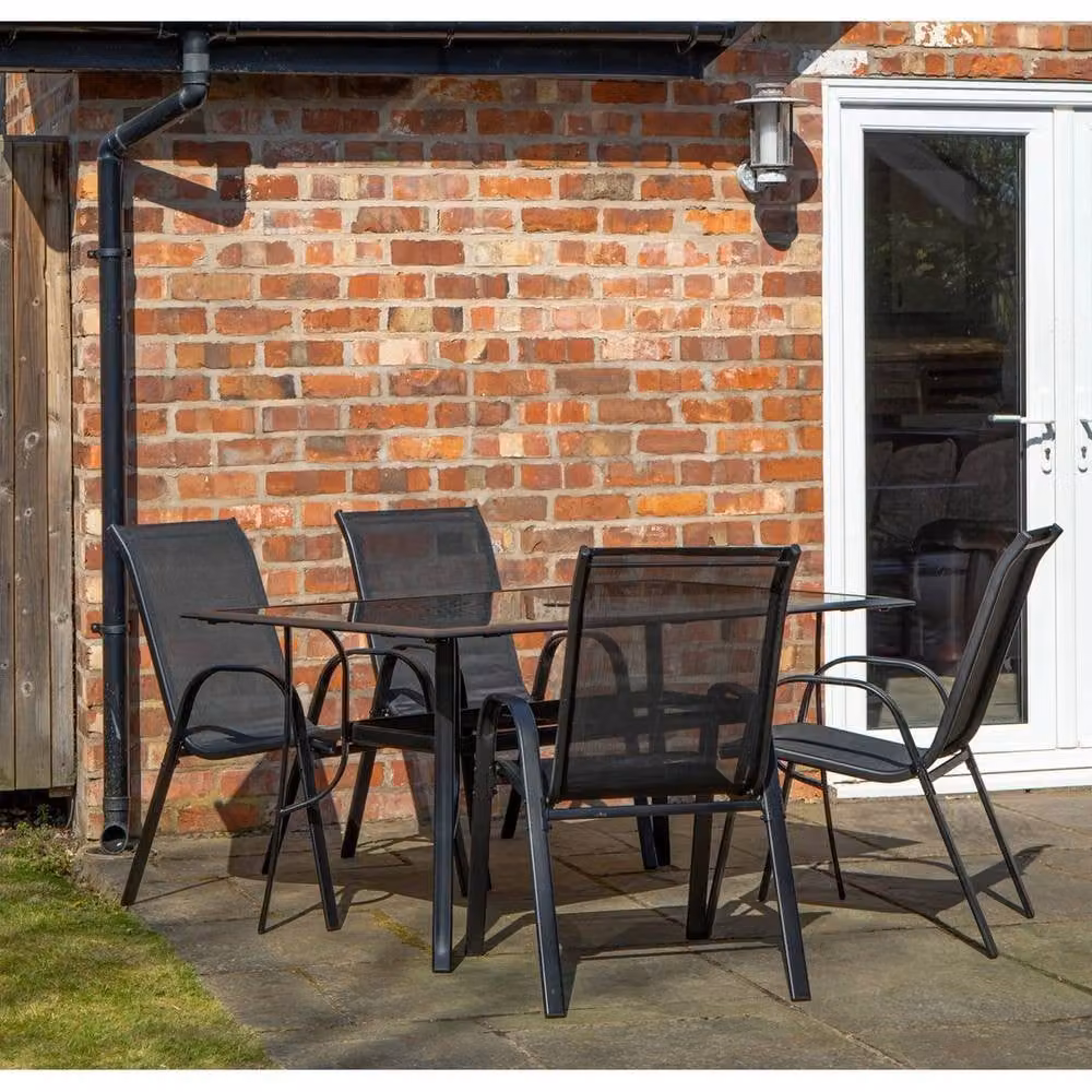 FORGEVIO Modern Garden Dining Set with Rectangular Glass Table and Chairs in Matt Black Powder Coated Steel – 2
