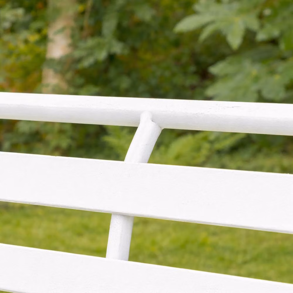 Melody Maison White Metal Ornate Distressed Garden Bench with Slats, W: 100 cm, H: 92 cm, D: 92 cm – 3