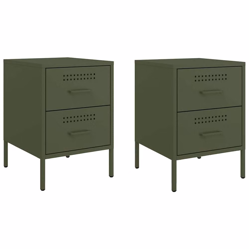 Berkfield Home Durable Metal Bedside Cabinets, 2 Pack, Olive Green, W: 39 cm, D: 39 cm, H: 50.5 cm – 3