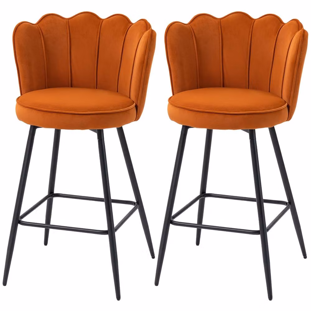 STILVORA Set of 2 Modern Orange Velvet Bar Stools with Metal Legs – 3