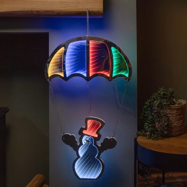 Samuel Alexander Multicolour LED Infinity Christmas Hanging Parachute Light with Snowman Decoration, 60cm