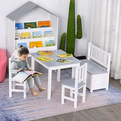 HOMCOM 4-Piece Kids Table, Chair and Storage Bench Set in Grey and White – 2