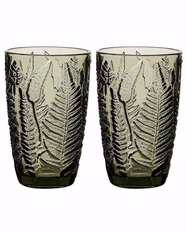 Dibor Set of 2 Green Leaf Embossed Floral Highball Glass Tumblers, 350ml per glass – 2