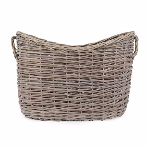 Madison & Mayfair Set of 2 Oval Scoop Log Baskets in Grey and Brown Open Weave Rattan
