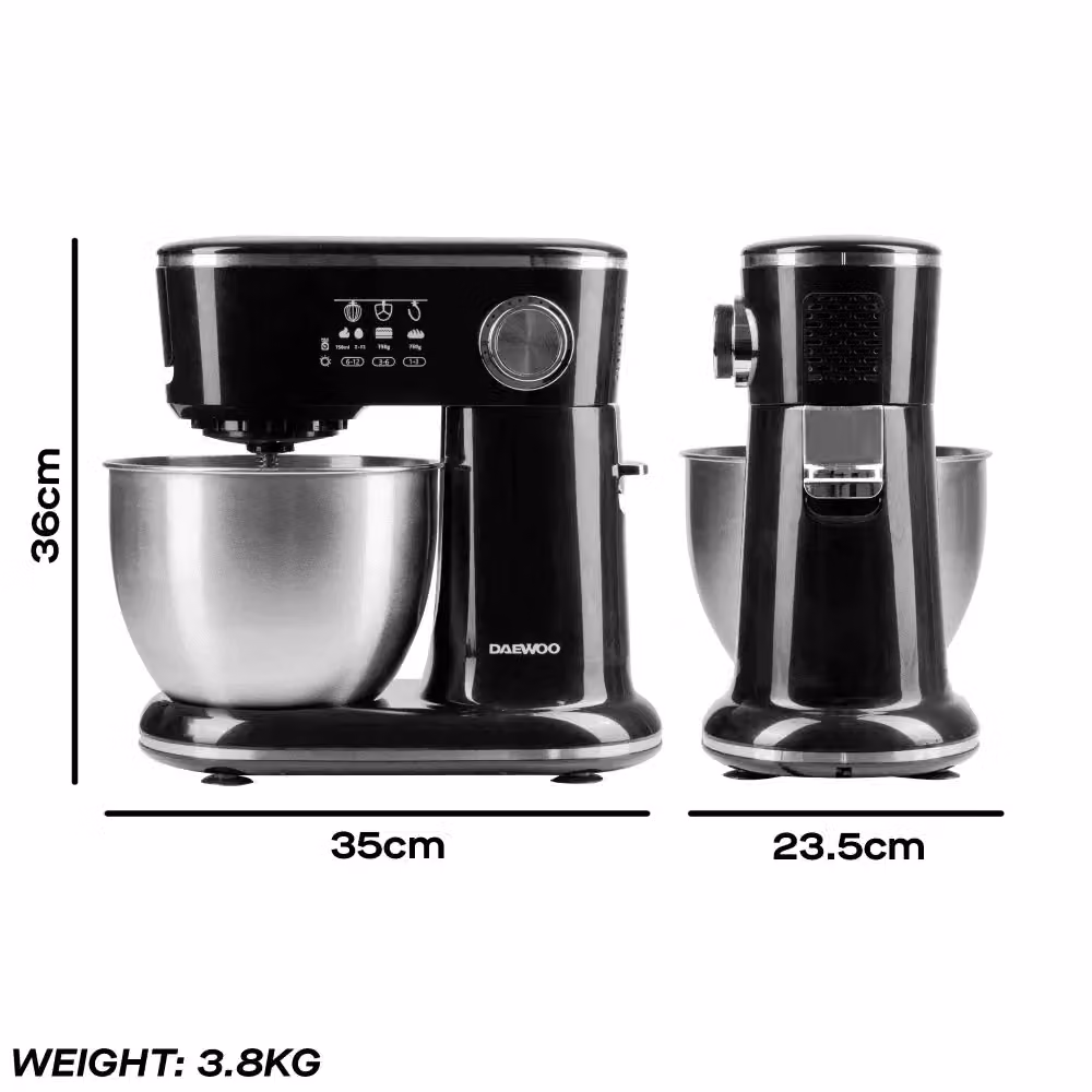 Daewoo 1000W Stand Mixer in Black with Stainless Steel Bowl and Whisk – 4