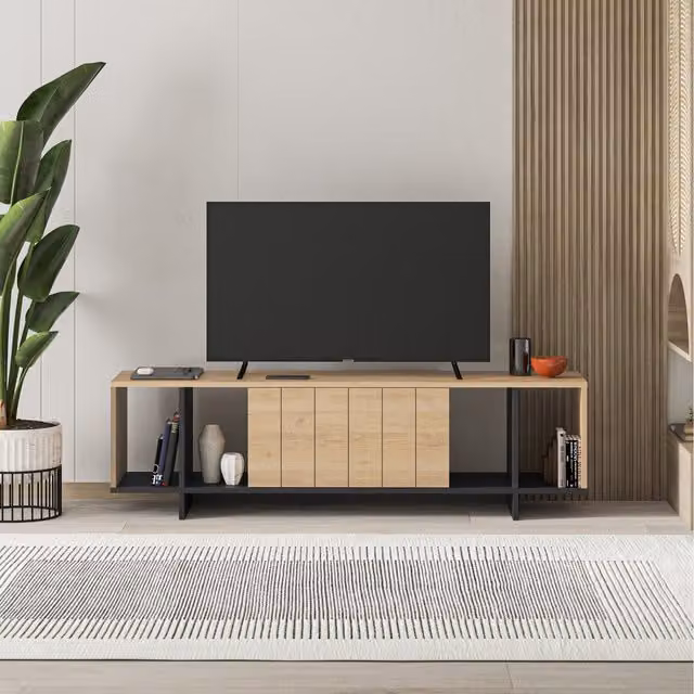 Decortie Modern Oak and Silky Black TV Unit Multimedia Centre