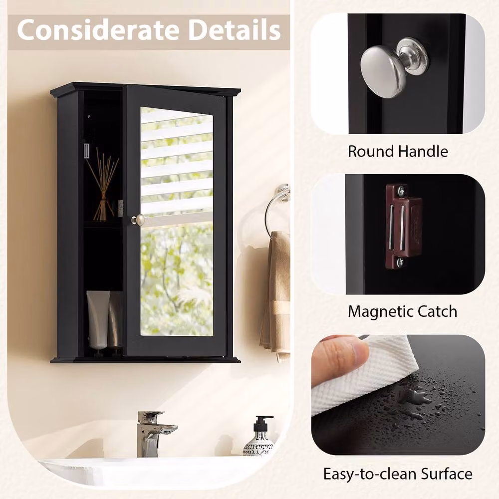 Gymax Black Lacquered Wall Mounted Medicine Cabinet with Mirror and Internal Shelves – 3